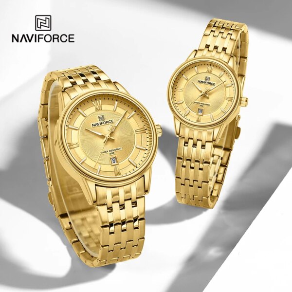 NAVIFORCE Classic Elegant Couple Watch Quartz Calendar Clock with Stainless Steel Band 3ATM Waterproof Fashion Lovers Wristwatch