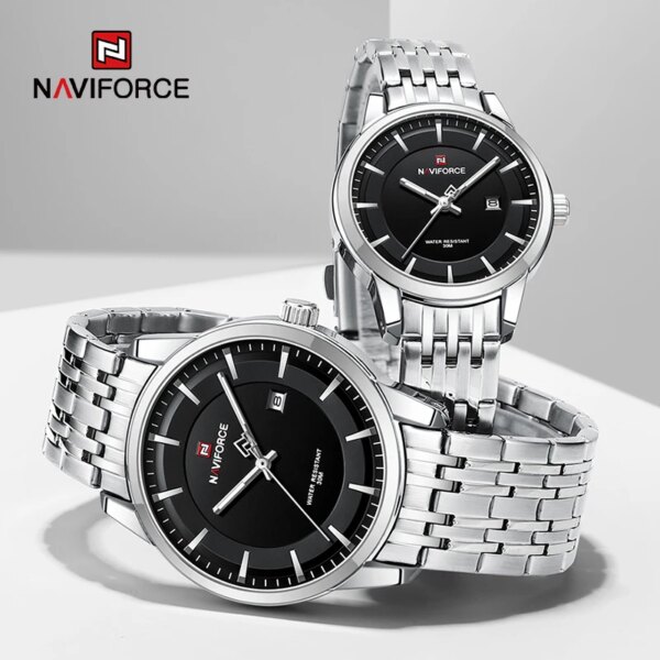 NAVIFORCE Fashion Wild Watch for Lover Stainless Steel Band Date Display Couple Wristwatch Quartz Water Resistant Business Clock