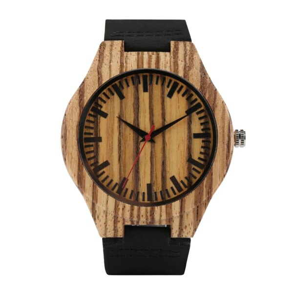 Natural Stylish Quartz Men Watches Wood Bamboo Case Black Genuine Leather Watch Band Vintage Casual Male Wristwatches