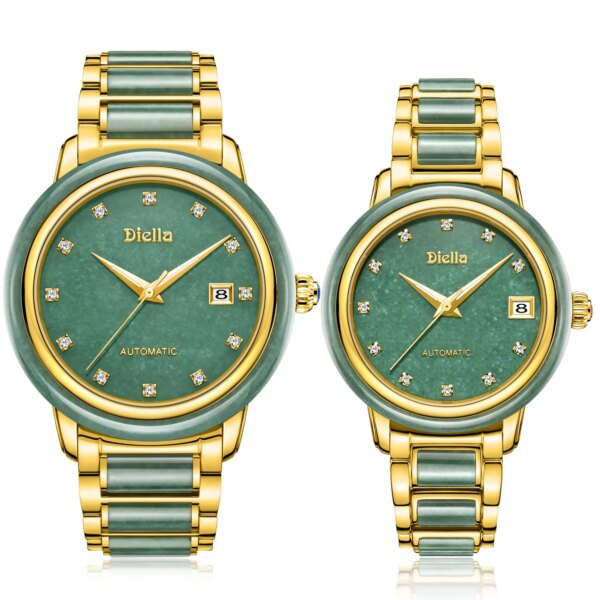 New Diella Matching Watches for Couples Self Winding Watches for Men and Women Luxury Jade Green Watch with Gold Stainless Steel