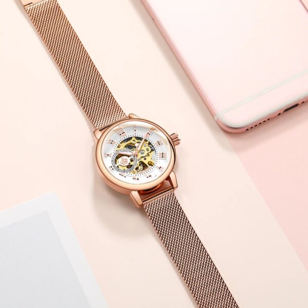 New Fashion Luxury Rose Gold Stainless Steel Mesh Strap Waterproof Ladies Automatic Skeleton Mechanical Watches Gift for Women