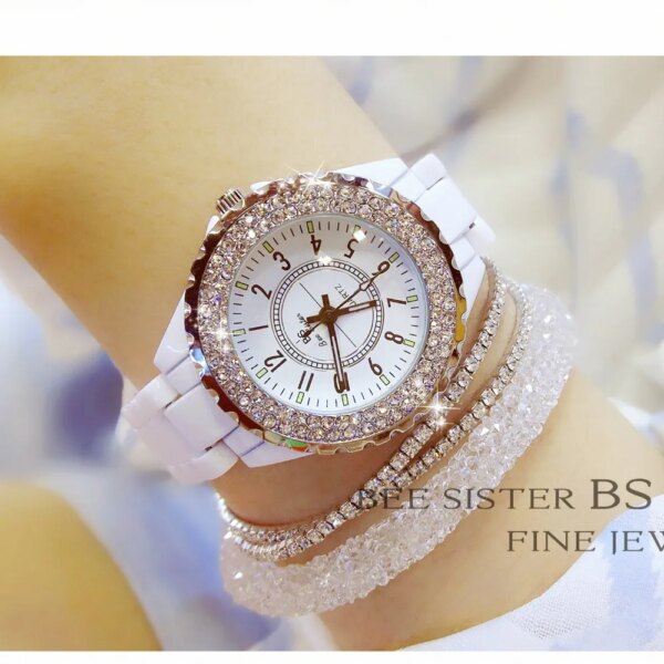 New Luxury Women Watches White Ceramic Diamond Watch Ladies Female Gift Relogios Femininos Fashion Quartz Wristwatch Clock