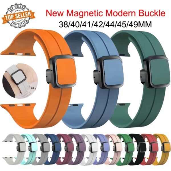 New Magnetic Buckle Silicone Strap For Apple Watch Band 44mm 45mm 38mm 49mm 40 42 41mm Sport Bracelet iWatch ultra 2 9 6 7 8 SE