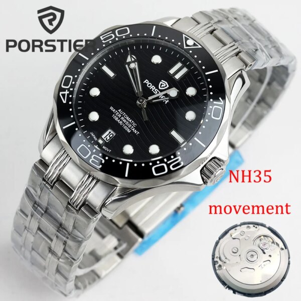 New PORSTIER 42mm Men Mechanical Wristwatch Luxury Ceramic Bezel NH35 Automatic Watch Sapphire Glass Seamaste 300 Watch for men