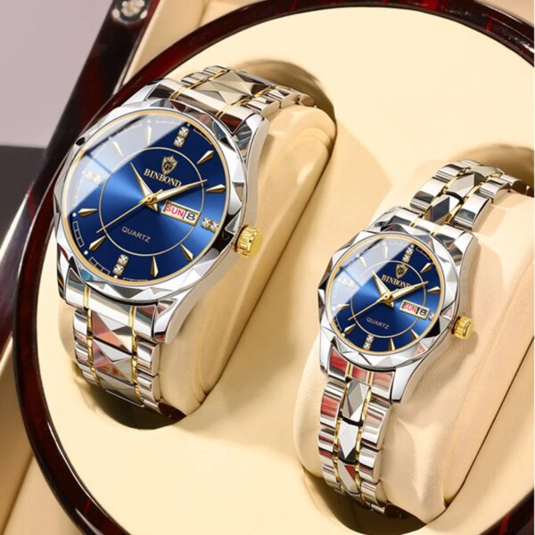 New Sets Of Couple Watches Gold Stainless Steel Waterproof Luxury Diamond Men Women Quartz Lovers Wristwatches For Him And Her