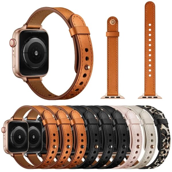 New Slim Leather Strap for Apple Watch Band Ultra 44mm 40mm 45mm 41 42 49mm Stylish Wristband Bracelet for IWatch 9 8 7 6 Se 5 4