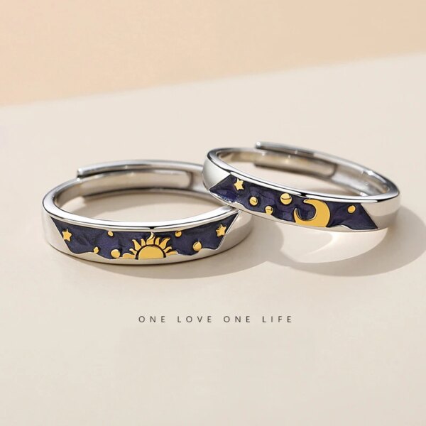 New hot sale couple silver color painted sun, moon and stars adjustable ring fashion trend jewelry gift  JZ0046