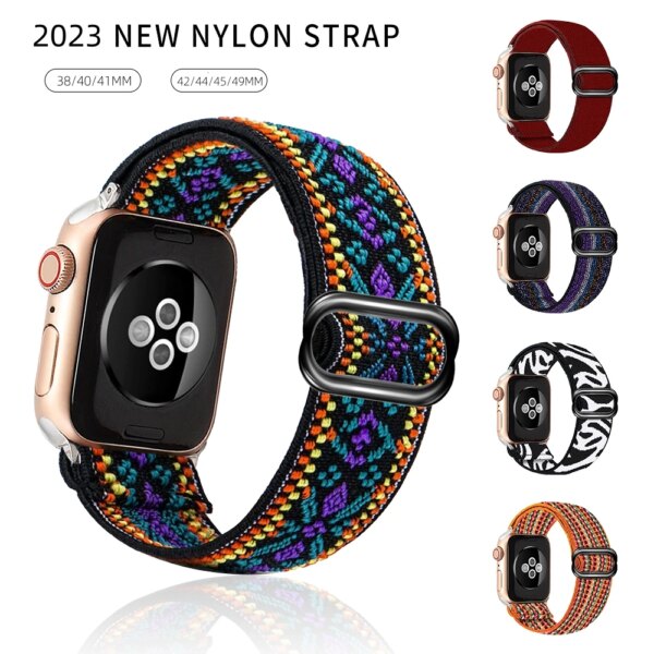 Nylon Strap for Apple Watch Band Ultra2-1 49mm 41mm 45 mm 38/42 Bohemian Elastic Bracelet iWatch Series 9 8 7 6 5 4 3 Se 40/44mm