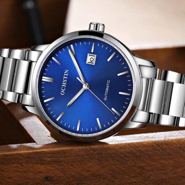 OCHSTIN Luxury Brand Silver Blue Automatic Mechanical Watch Auto Calendar Display Business Mens Wristwatch Stailness Steel Band