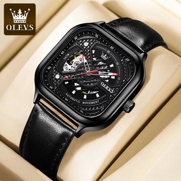 OLEVS 2024 Genuine Leather Waterproof Men Skeleton Watch Top Brand Luxury Transparent Mechanical Sports Mens Watches Luminous