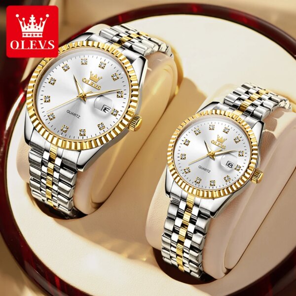 OLEVS 5526 Luxury Couple Watch For Women And Men Diamond Quartz Wristwatches Waterproof Luminous Fashion Stainless Steel Watches