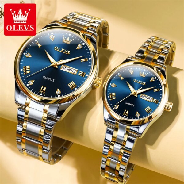 OLEVS 5563 New Golden Diamond-encrusted Quartz Watches For Couple Stainless Steel Strap Fashion Waterproof Lover's Wristwatches