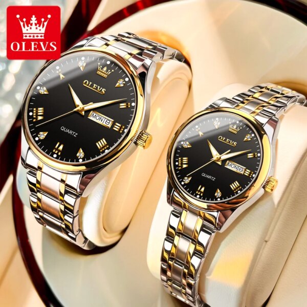 OLEVS 5563 Top Brand Luxury Quartz Watch Set Mens Women Couple Wristwatch Waterproof Stainless Steel Clock Top Gift For Lover