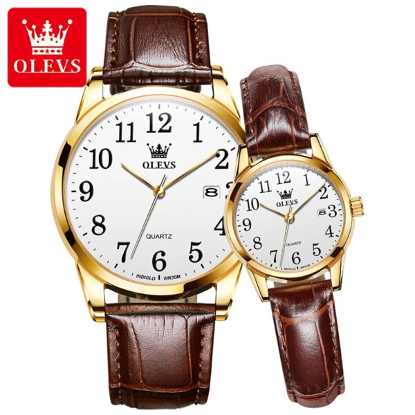 OLEVS 5566 Classic Quartz Couple Watches Original Leather Dress Watch For Men Women Calendar Waterproof Top Brand Hand Clock