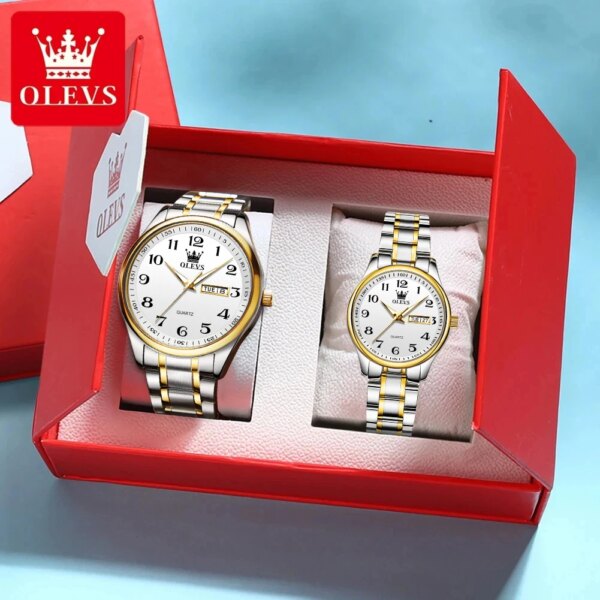 OLEVS 5567 Couple Watch Luxury Men Women's Quartz Watch Dual Calendar Clock Waterproof His and Her Date Couple Watch Set Gift