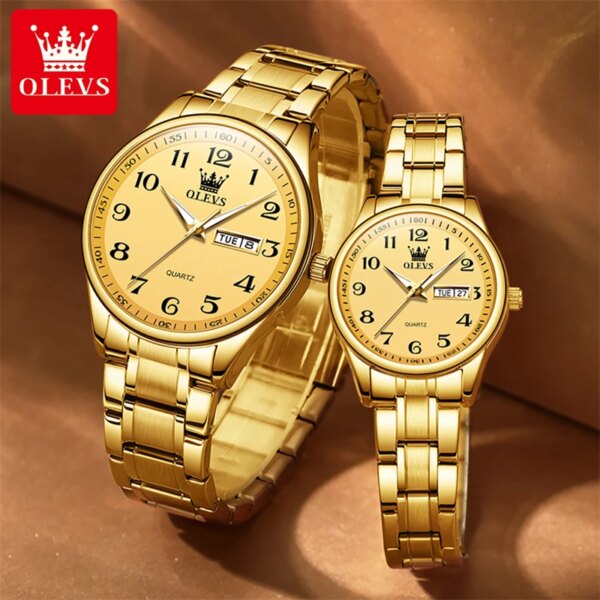 OLEVS 5567 Golden Quartz Couple Watches Paired Men and Women Luxury Brand Digits Dial Calendar Waterproof Lover's Watches Clock