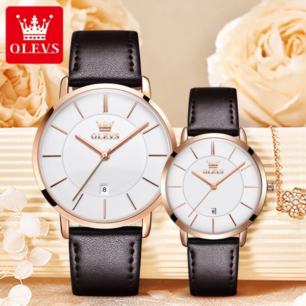 OLEVS 5869 Quartz Watches Original Set Men Women Couple Luminous Waterproof Shock Resistant Leather Top Brand Wristwatch Gift