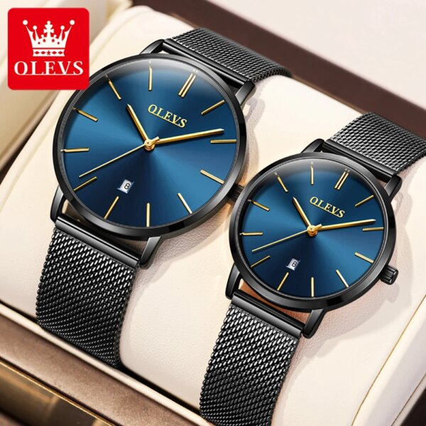 OLEVS 5869 Ultra Thin 6.5mm Quartz Couple Watches for Men Women Mesh Strap Waterproof Auto Date Minimalist Lover's Wristwatches