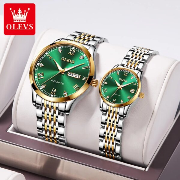 OLEVS 6602 Automatic Mechanical Couple Watch Luminous Stainless Steel Waterproof Top Brand Luxury Wristwatch Gift For Women Man