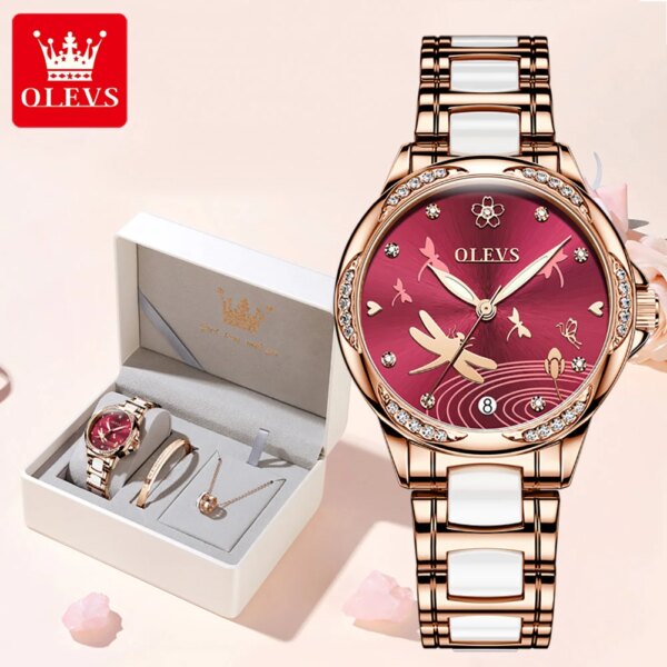 OLEVS 6610 Automatic Mechanical Ladies Watch Set Luminous Waterproof Ceramic Strap Top Brand Luxury Wristwatch Gift For Women