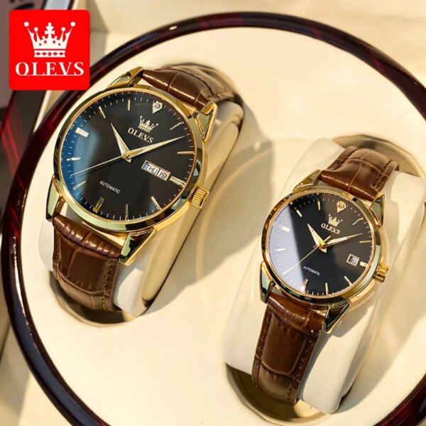 OLEVS 6629 Automatic Mechanical Couple Watch Luminous Hands Leather Waterproof Top Brand Luxury Wristwatch Gift For Women Man