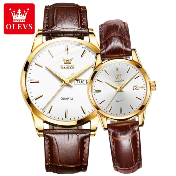 OLEVS 6898 Top Brand Luxury Quartz Watch Set Mens Women Couple Wristwatch Waterproof Leather Calendar Clock Top Gift For Lover