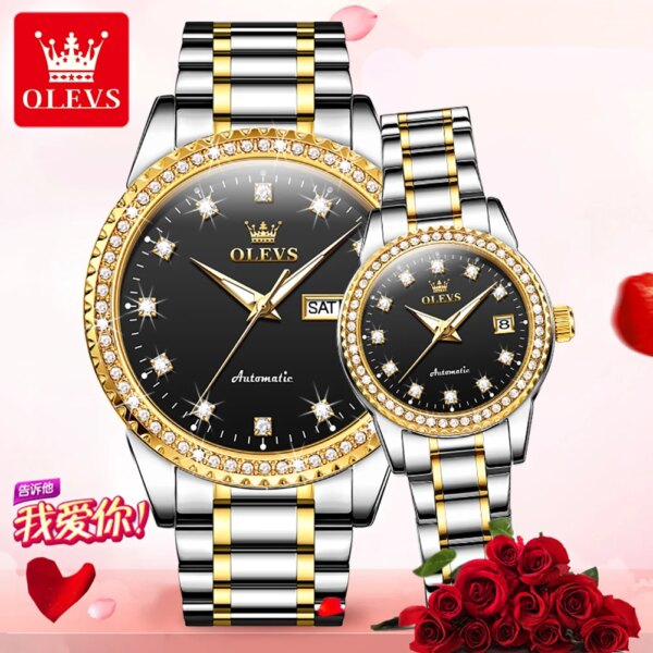 OLEVS 7003 Automatic Mechanical Couple Watch Luminous Stainless Steel Waterproof Top Brand Luxury Wristwatch Gift For Women Man