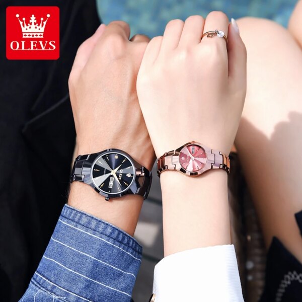 OLEVS 8697 Couple Watch Quartz Rhombus Mirror Quartz Watch for Lovers Waterproof Luminous Stainless Steel Wristwatch Date Week