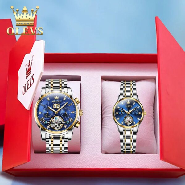 OLEVS 9910+6608 Automatic Couple Watch for Men Women Multifunctional Chronograph Couple Mechanical Wristwatches Love Set Gift