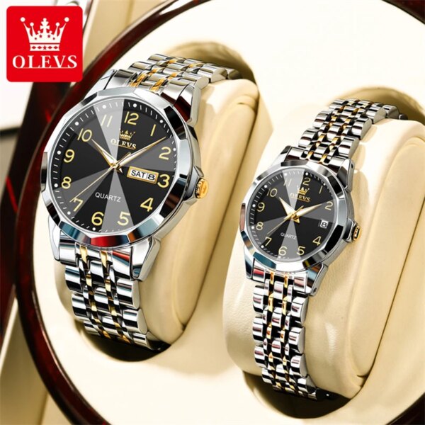 OLEVS 9970 Top New Hot Couple Clock Fashion Stainless Steel Band Lover's Watch Pair Men And Women Set Wristwatches Luxury Gifts