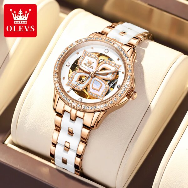 OLEVS Automatic Mechanical Skeleton Watch for Women Luxury Rose Gold Dial Ceramic Strap Diamond Women's Wristwatches Reloj Mujer