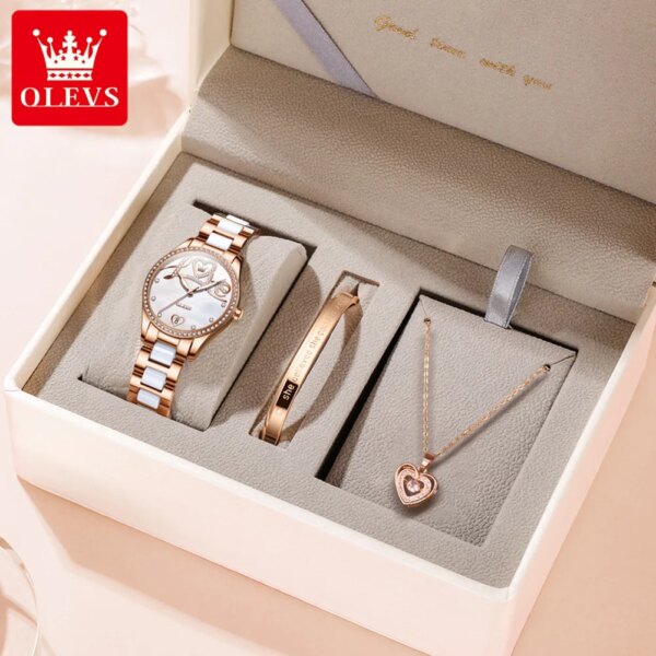 OLEVS Automatic Mechanical Wrist Watch for Women Elegant Fine Steel Ceramics Strap Ladies Dress Watch Necklace Bracelet Gift Set