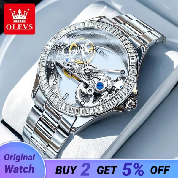 OLEVS Automatic Watch for Women Hollow out Fully Transparent 40mm Dial Luxury Elegant Luxury Brand Original Ladies Watch Set NEW