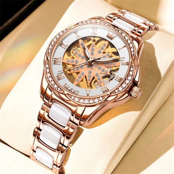 OLEVS Brand Automatic Mechanical Women Watch Fashion Ladies Rhinestone Skeleton Rose Gold Ceramics Luxury Watches Reloj Mujer