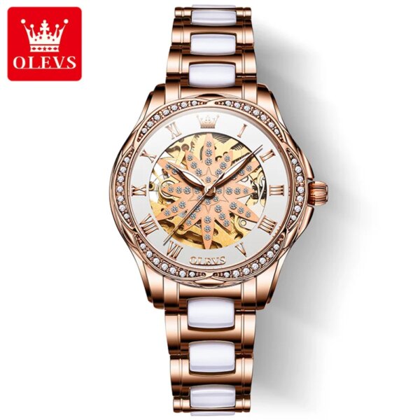 OLEVS Brand Ladies Fashion Ceramic Automatic Watch Women Luxury Waterproof Hollow Mechanical Wristwatch Relogio Feminino