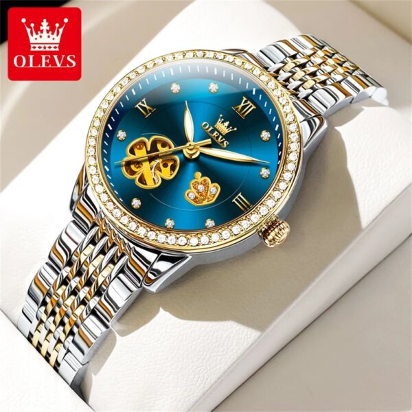 OLEVS Brand Luxury Diamond Mechanical Watch for Women Waterproof Luminous Fashion Skeleton Hollow Watches Womens Montre Femme