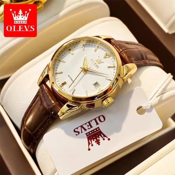 OLEVS Brand Luxury Mechanical Watch for Women Fashion Leather Waterproof Luminous Automatic Wristwatches Ladies Reloj Mujer