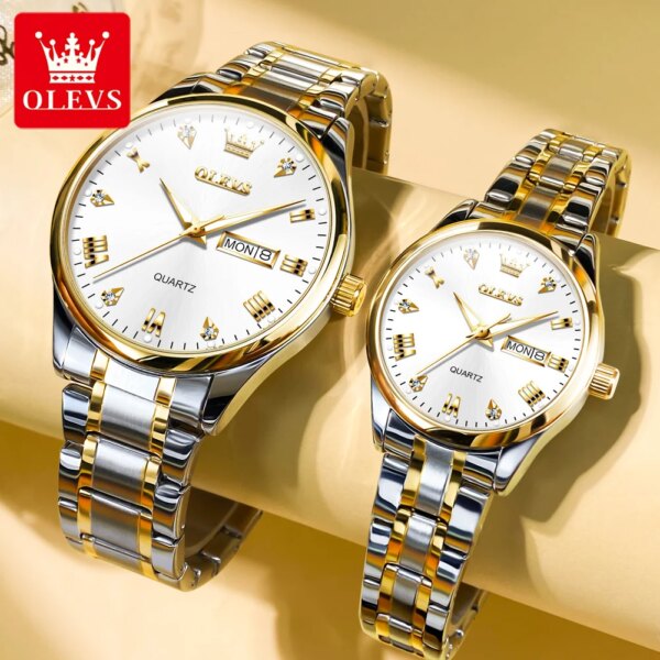 OLEVS Classic Business Quartz Watch for Men Women Digital Dial Week Date Stainless Steel Luminous Love's Wristwatch Set Gift