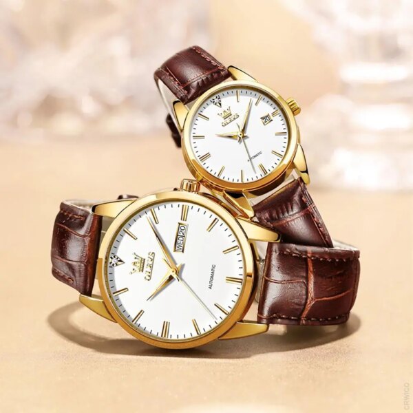 OLEVS Couple Automatic Mechanical Watch for Men Women Pair Matching His & Hers Watches Wristwatch Date Valentine's Gifts Set