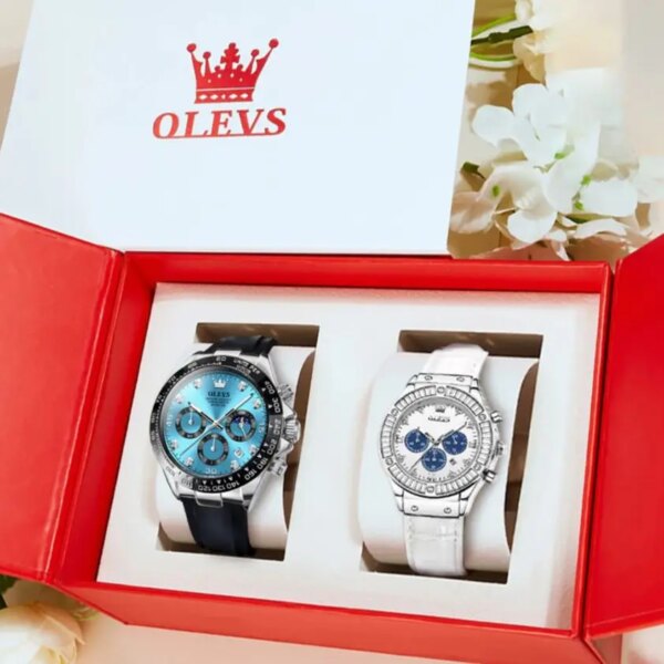 OLEVS Couple Pair Quartz Watches Calendar Date Multifunction Chronograph His and Hers Wristwatch for Men Women Lovers Gifts Set