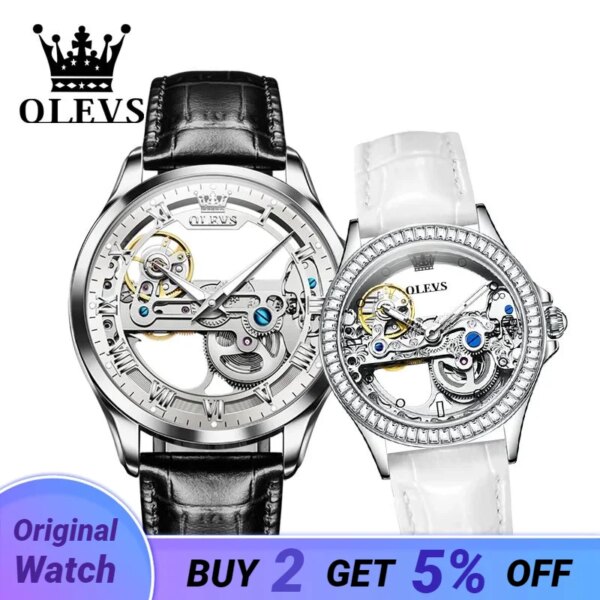 OLEVS Couple Watch Pair for Men Women Hollow out Transparent Men's Watches His and Hers Automatic Mechanical Watch Set Gift 2024