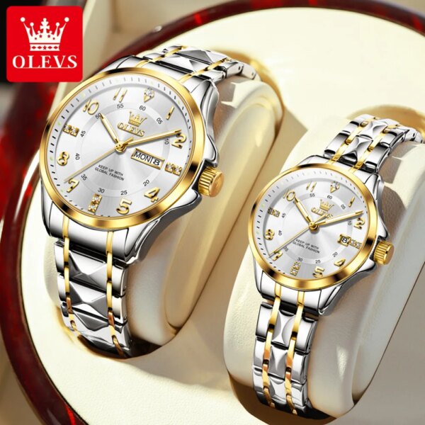 OLEVS Couple Watches Pair Gift Set Men and Women Stainless Steel Wedding Watch Fashion Luxury Brand Lover's Quartz Wristwatch