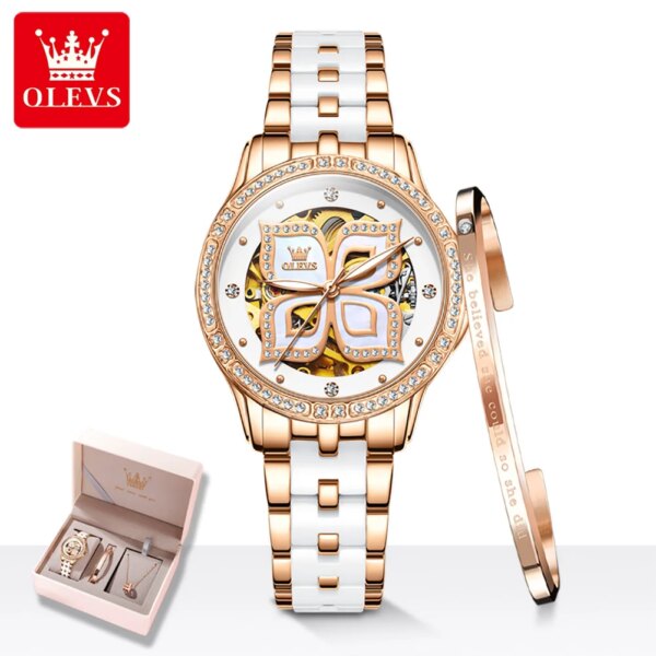 OLEVS Elegant Diamond Women's Watch Waterproof Women's Automatic Mechanical Watch Luxury Brand Skeleton Women's Watch Set 6612