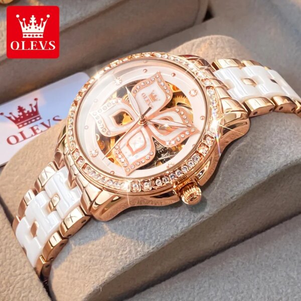 OLEVS Elegant Ladies Watches Top Brand Original Ceramic Automatic Skeleton Wristwatch Diamond Mechanical Watch for Women Set6612