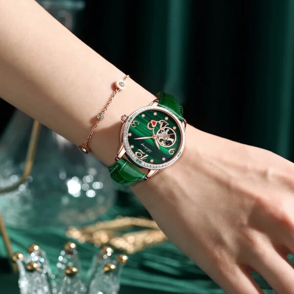 OLEVS Fashion Green Automatic Mechanical Watch for Women Luxury Diamond Leather Waterproof Luminous Hollow Wristwatch Women