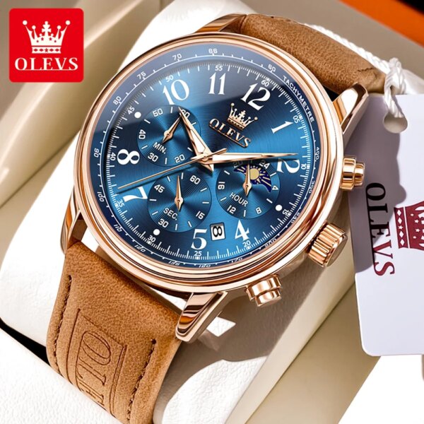 OLEVS Fashion Luxury Brand Men's Watches Calendar Waterproof Original Quartz Watch Leather strap Chronograph Luminous Moon Phase