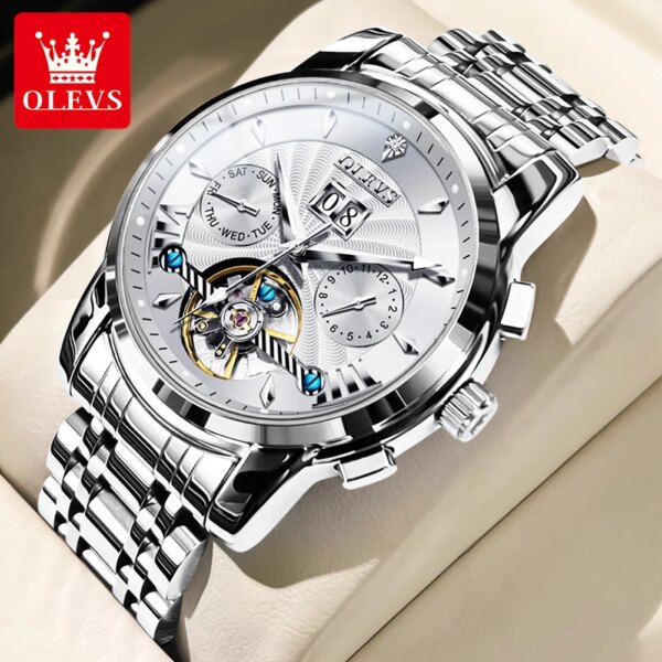 OLEVS Flywheel Automatic Watch for Men Calendar Display Waterproof Stainless steel High Quality Mechanical Men's Wristwatch