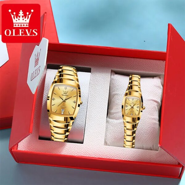 OLEVS Gold Tungsten steel Watch for Men Women Luxury He and Her Watch Set Square Dial Couple Watch TOP Brand Wristwatch Man