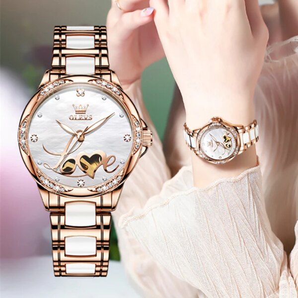 OLEVS Luxury Automatic Mechanical Women Watch Skeleton Love Design Elegant Ceramics Strap Waterproof Ladies Wristwatch Girls