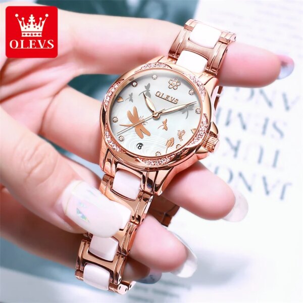 OLEVS Luxury Brand Butterfly Dial Women Automatic Mechanical Watch Ceramic Strap Waterproof Fashion Ladies Watches Relojes Mujer